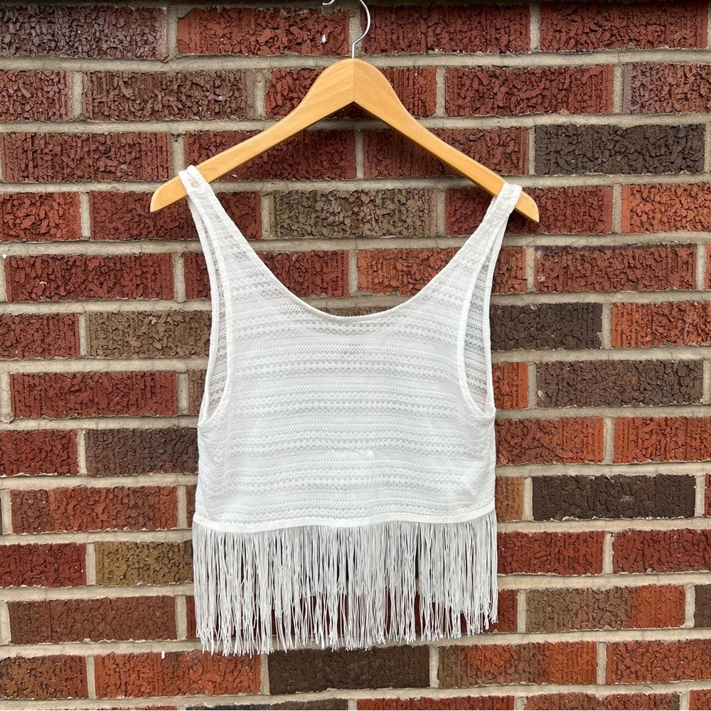 H&M Divided White Open Knit Fringe Hem Sleeveless Tank Top